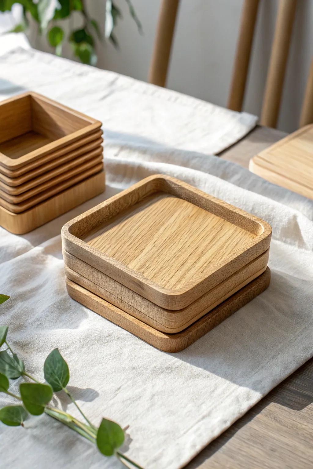 Gift-worthy oak coaster set with a sleek holder—simple details that feel truly premium.