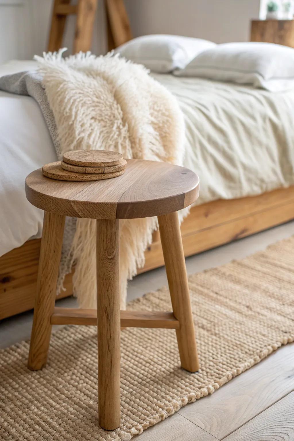 Ivory faux fur over pale oak adds cozy cabin texture—minimal, warm, and beautifully woodsy.