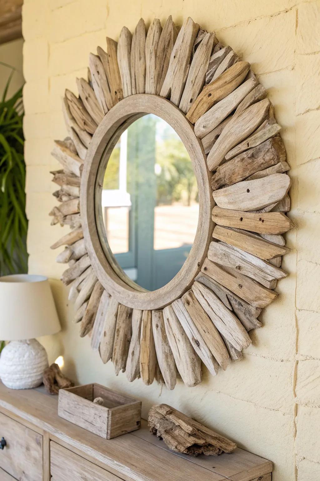 Sun-bleached driftwood turns a simple mirror into a woodsy, handmade statement.