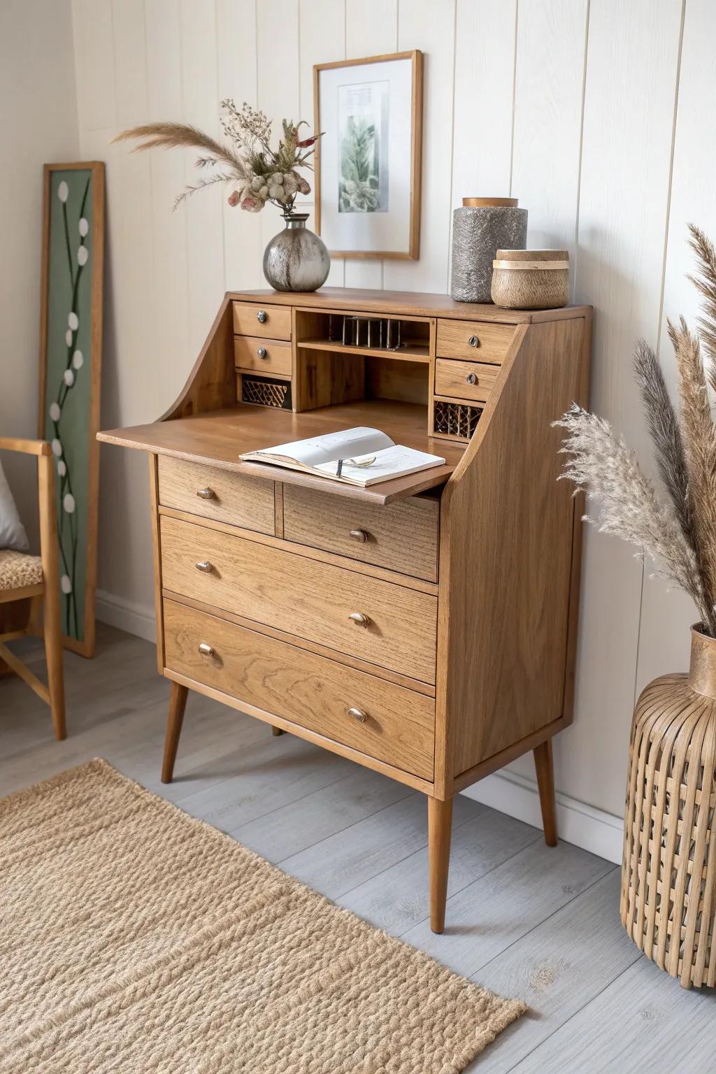 Thrifted dresser turned into a calm, storage-rich desk—minimal, warm wood, and so practical.