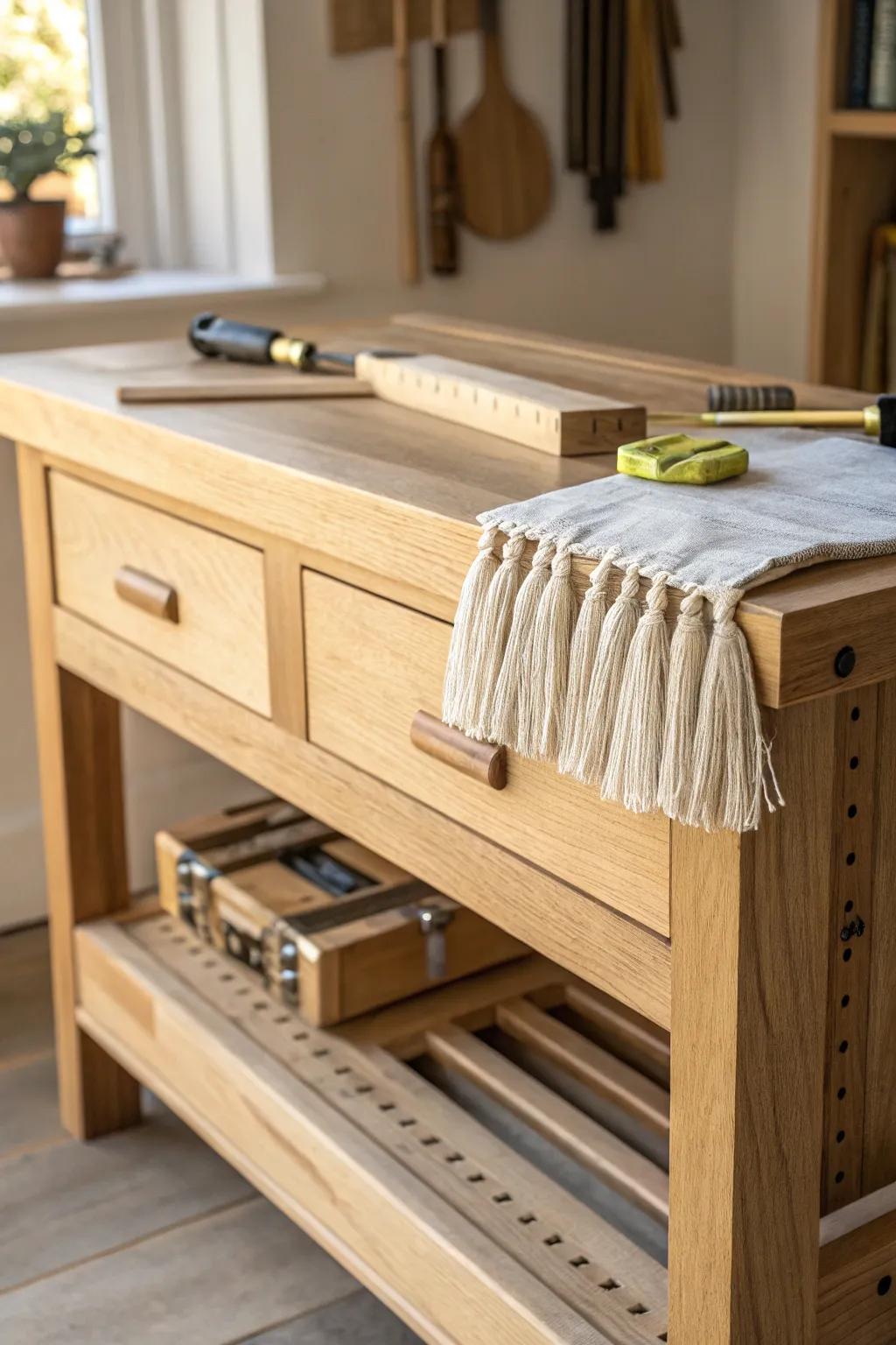 Bench-side storage slots keep flat tools upright, visible, and out of the shavings.