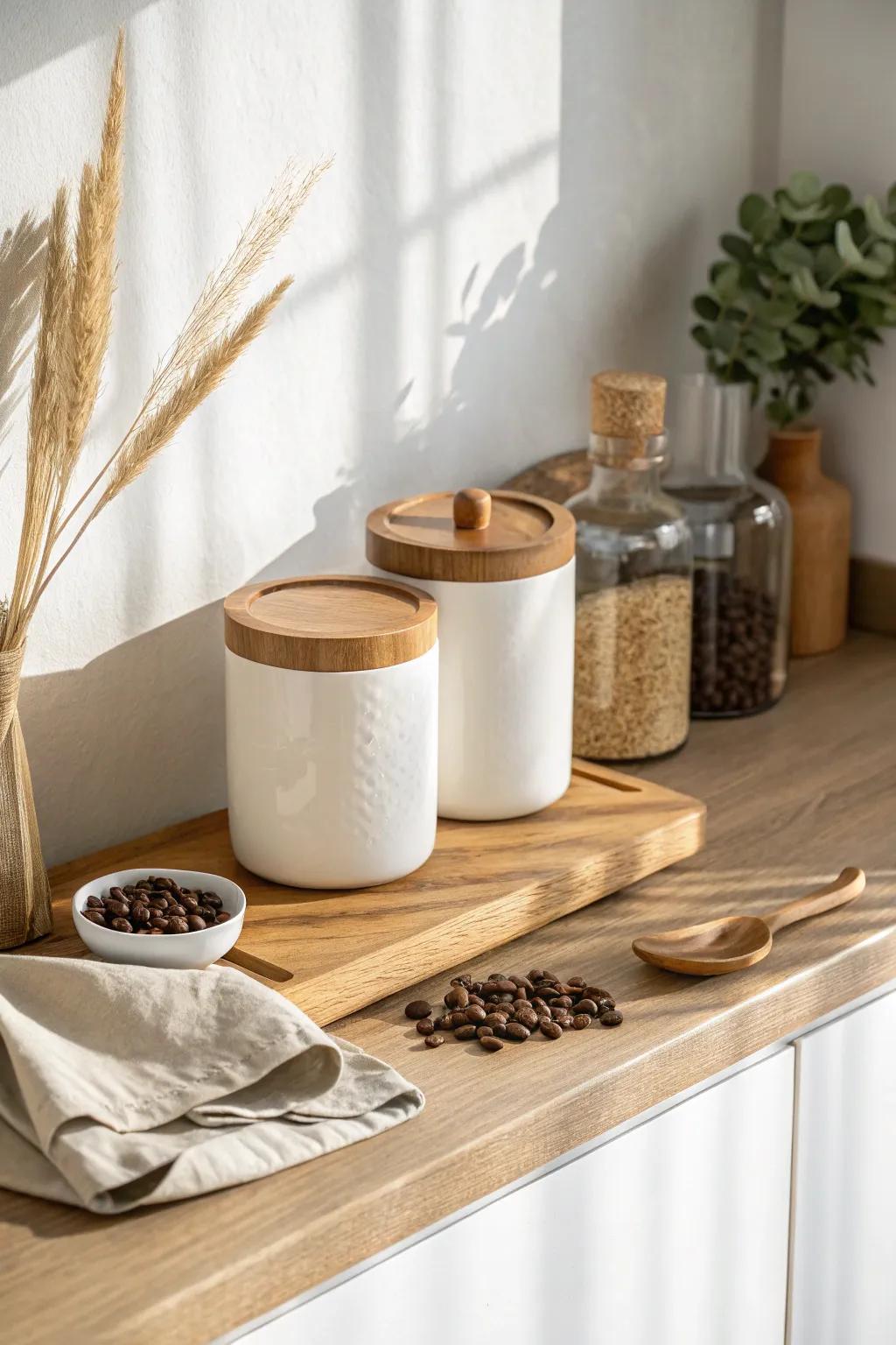 A calm coffee-and-tea counter with a handmade oak riser—everything tidy, warm, and within reach.