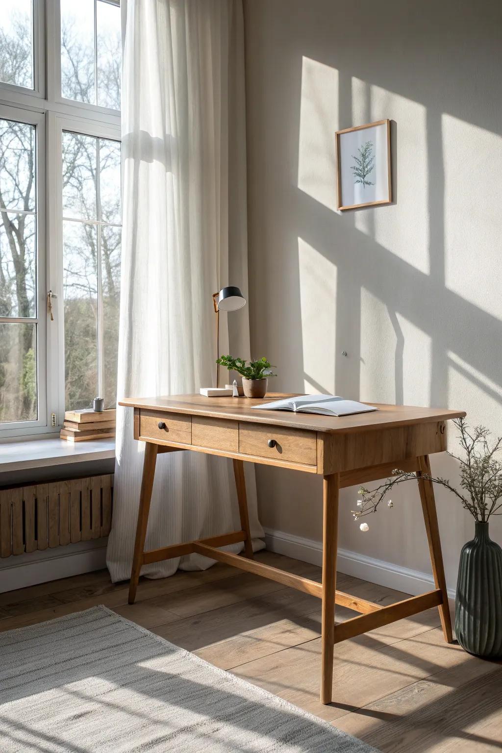 A window-facing oak desk that floods your workstation with natural light and calm focus.