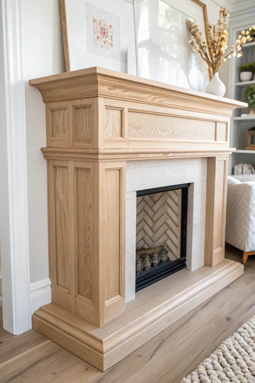 Layered stepped trim adds a custom, built-in look to a wrap-around mantel—clean and warm.