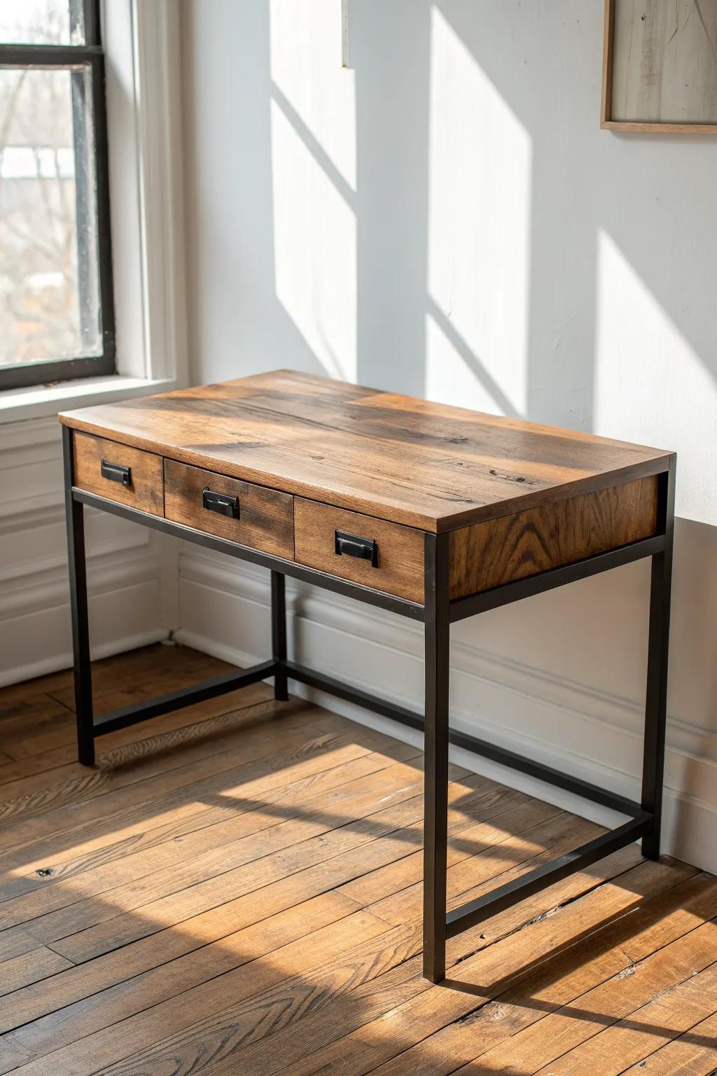 Reclaimed wood top + sleek steel legs for a clean industrial desk with warm minimalist charm.