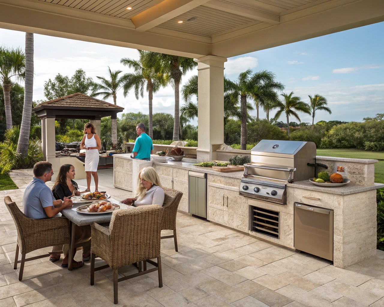 Efficient layout options ensure functionality and social interaction in outdoor kitchens.
