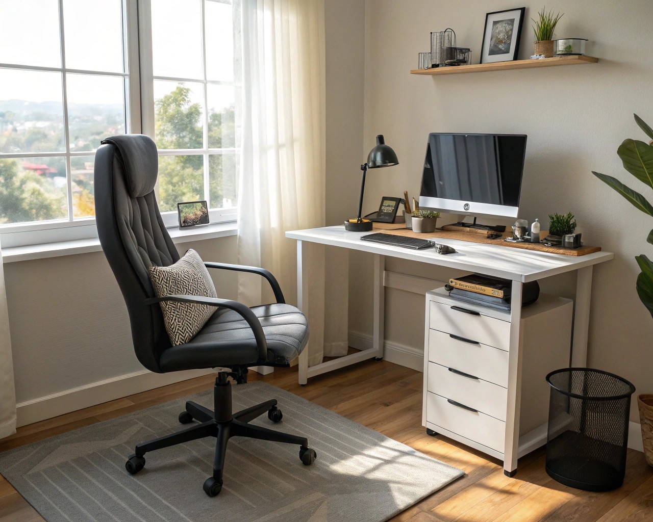 Ergonomic furniture optimizes comfort and productivity in a home office.