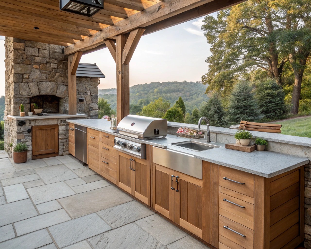 Using complementary materials in the outdoor kitchen for visual continuity with indoor spaces.