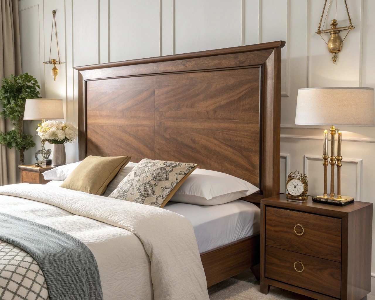 A luxurious walnut dining table makes a bold statement in a sophisticated dining room