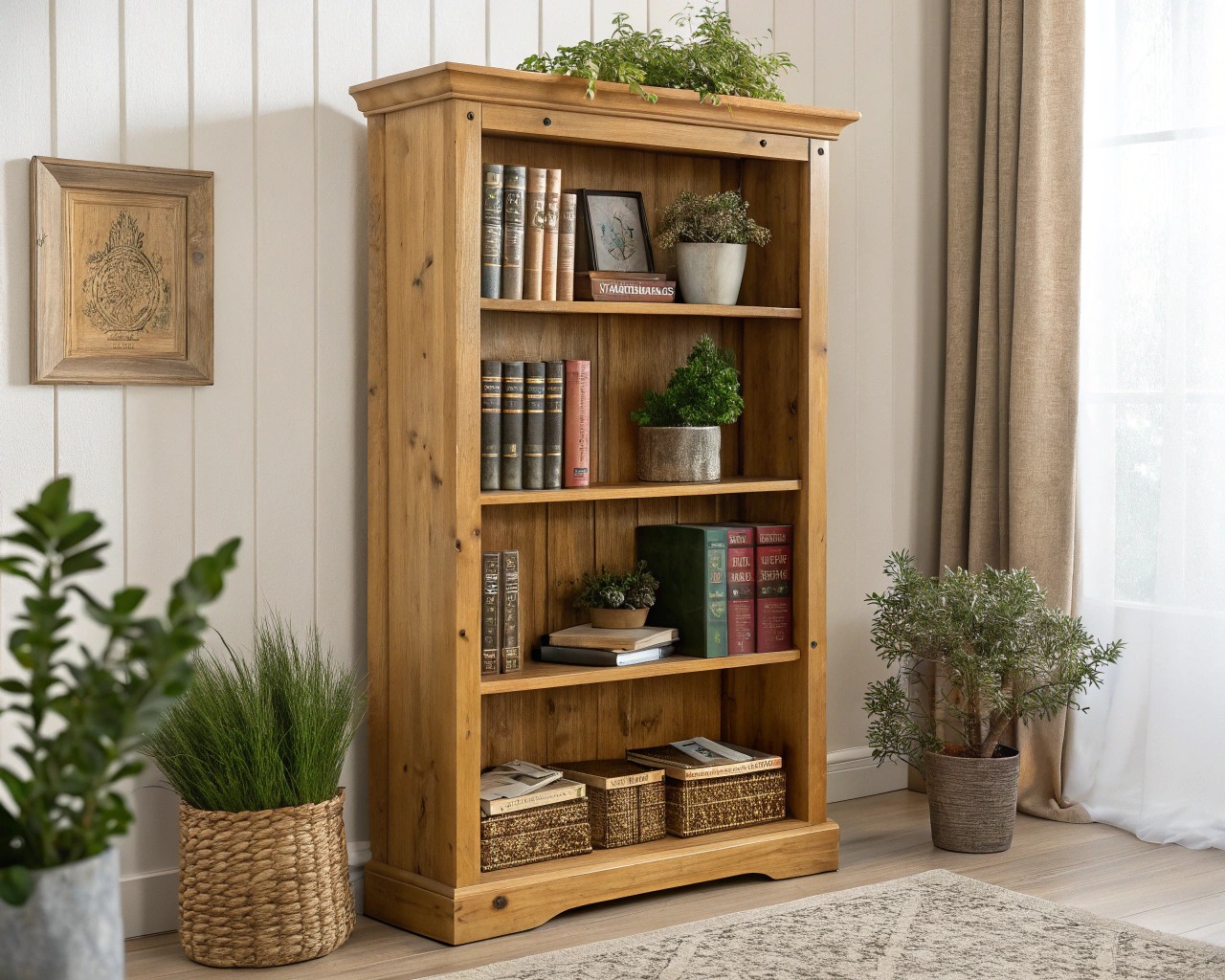 A rustic pine table brings warmth and character to a cozy kitchen setting