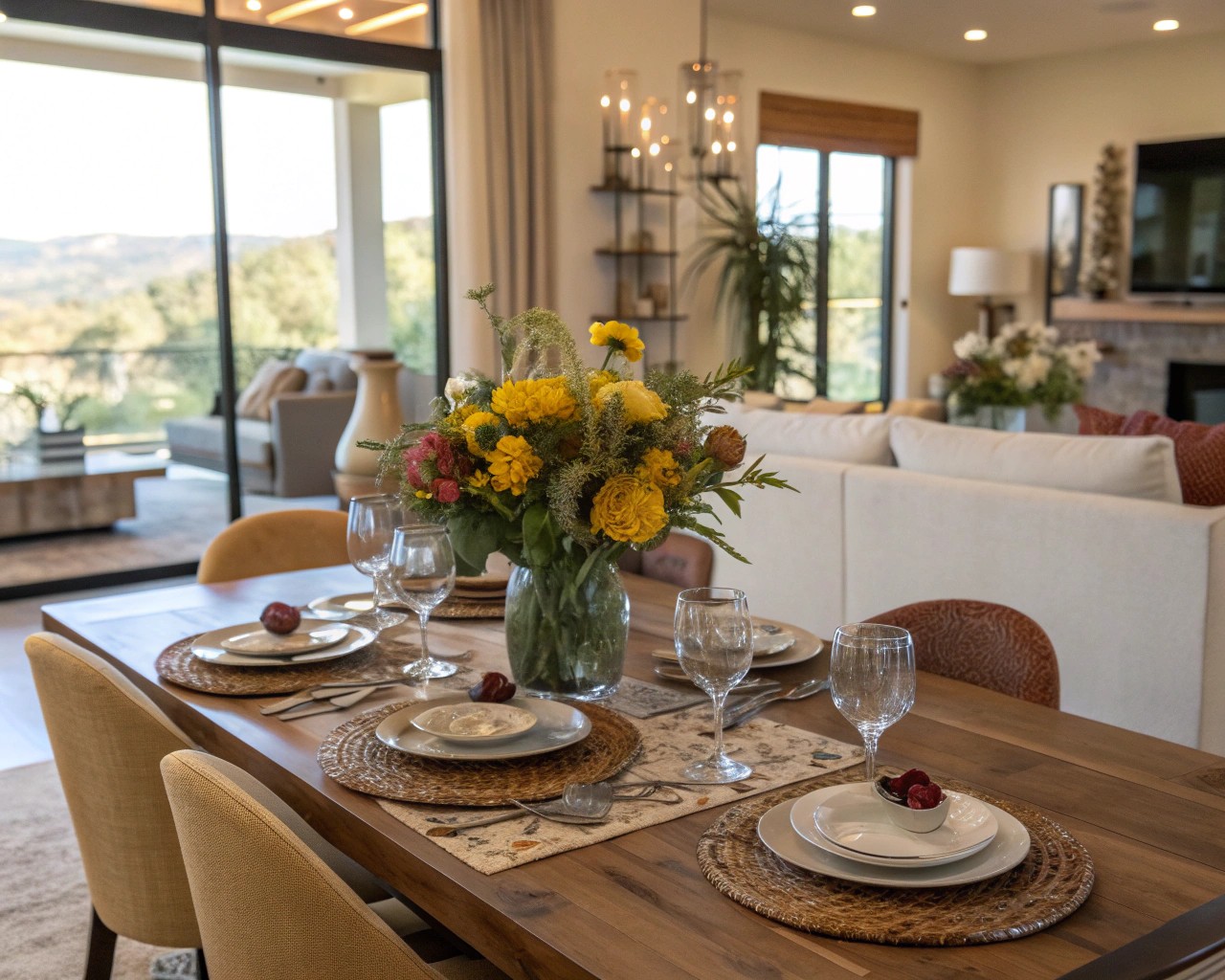 A solid wood dining table can act as the 'center of gravity' in an open-plan living area.