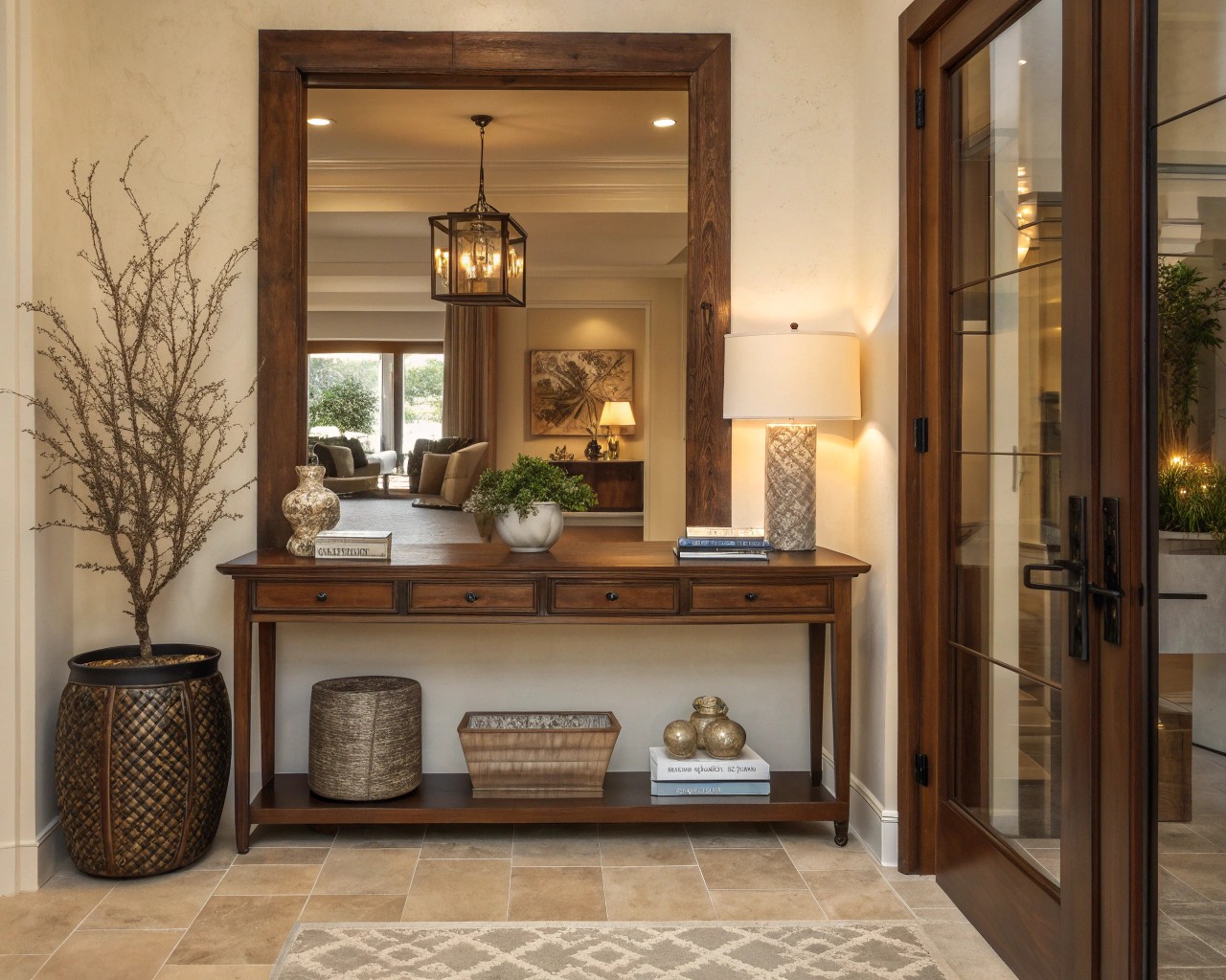 Anchor your spaces with a strong wooden piece to influence the organization of surrounding furniture.