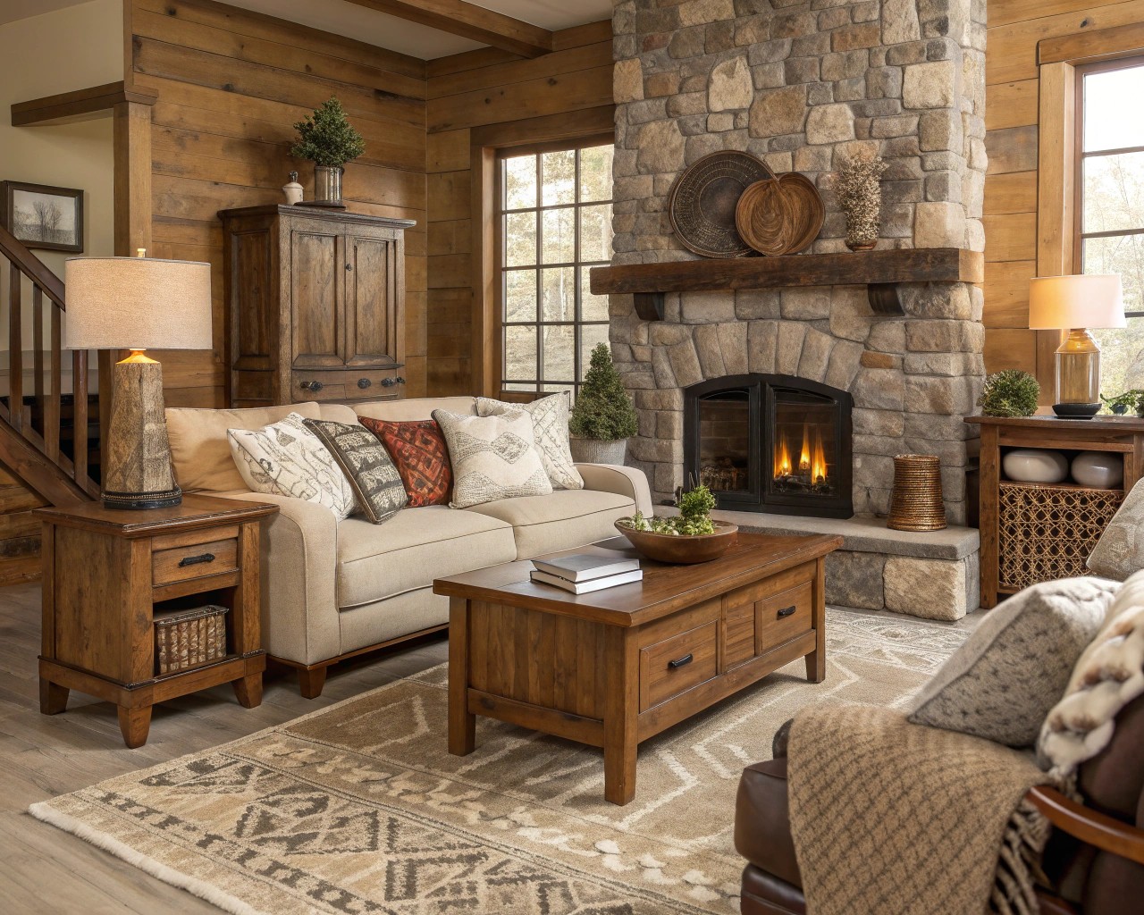 Layering wood with stone, textiles, and metals enhances the sophistication of any room