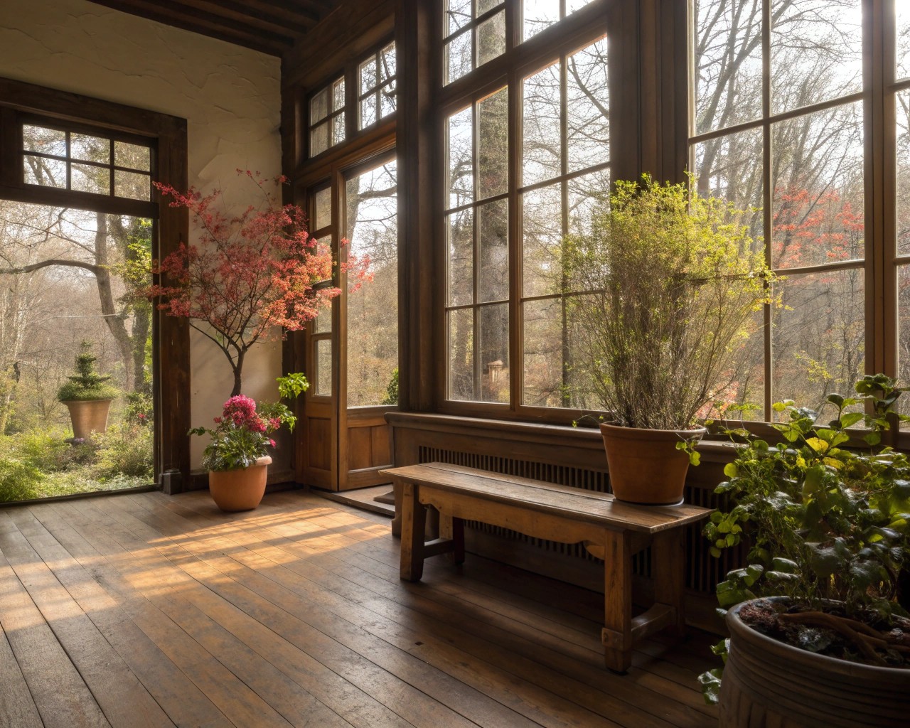 Mindful seasonal care ensures the longevity and beauty of wood alongside plant life.