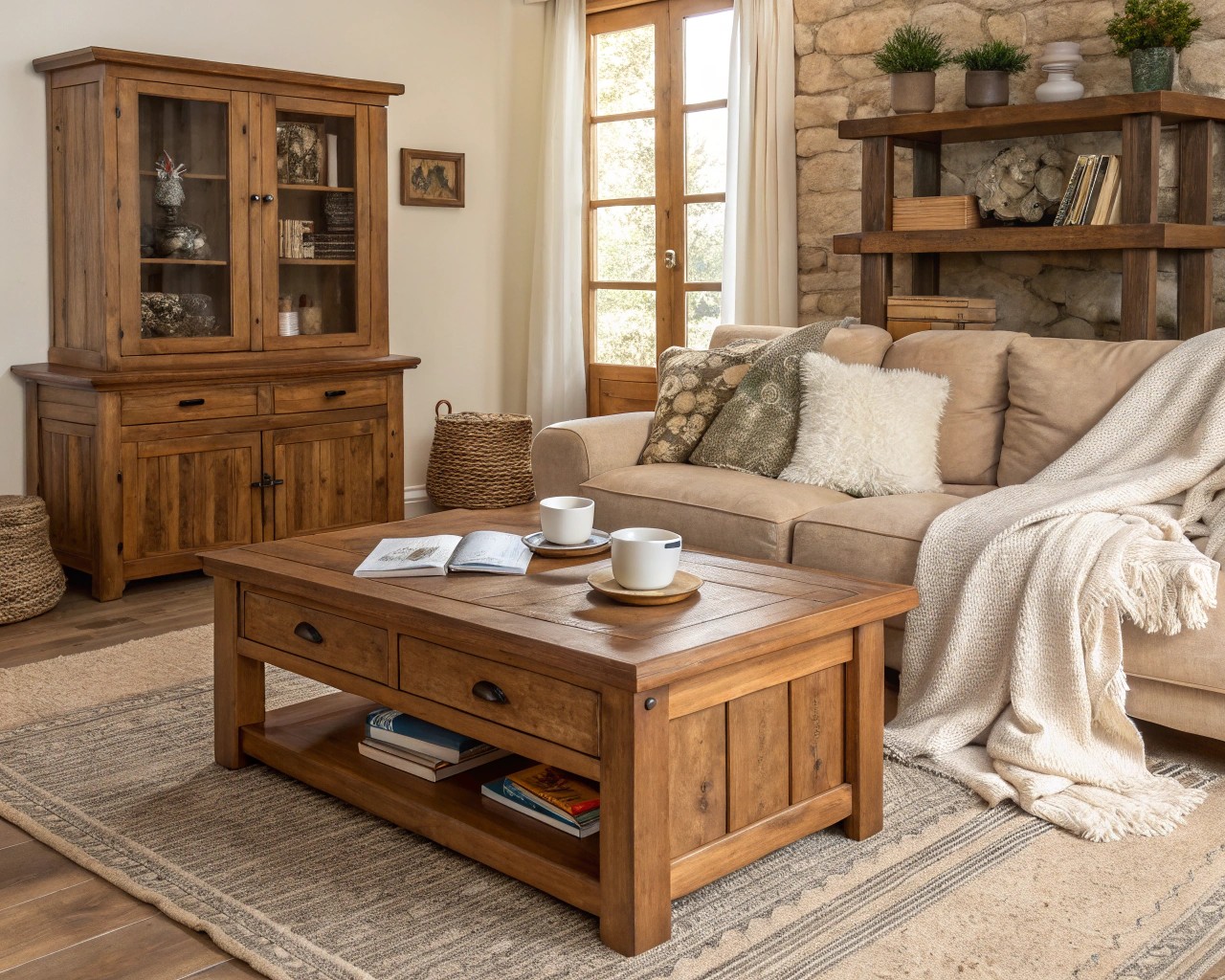 Non-wood materials are essential for balancing wood tones in interiors.