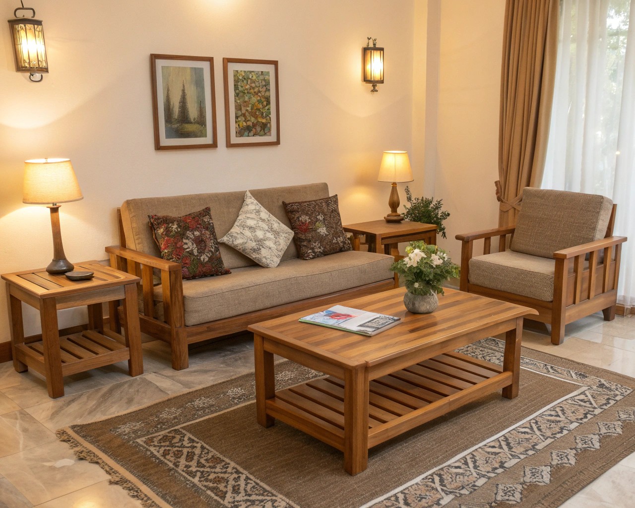 Strategic placement of wooden furniture helps define zones in an open-plan living area.