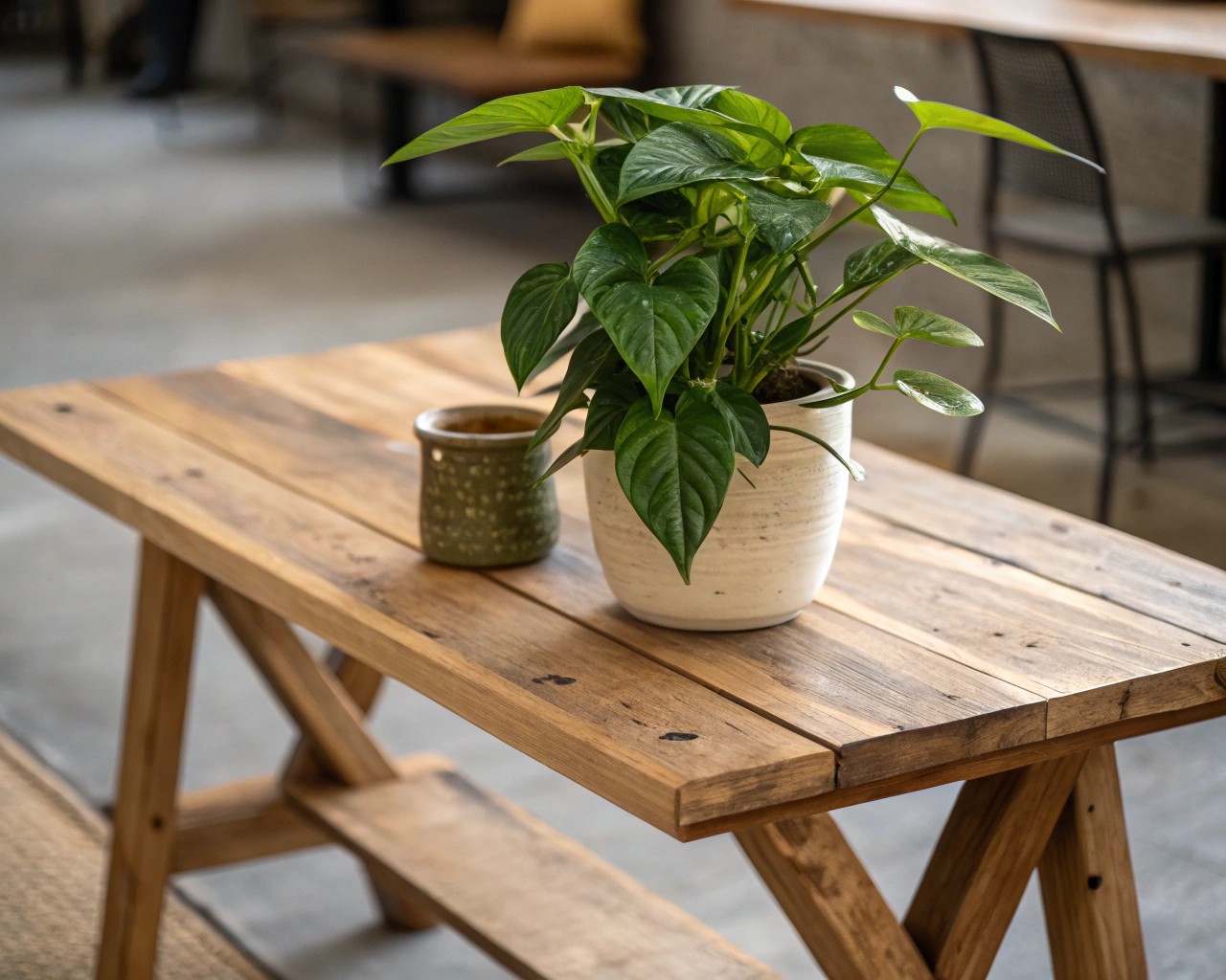 The natural beauty of wood complements and enhances the vibrancy of surrounding plants.