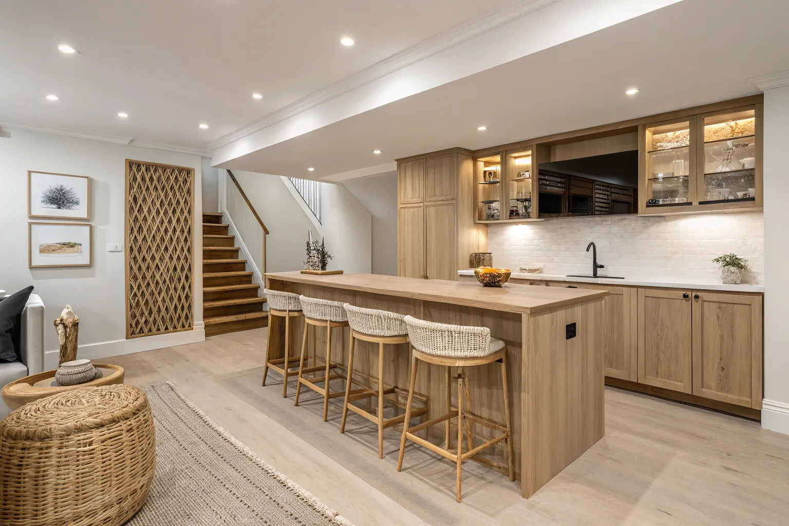 13+ Stylish Basement Kitchen Bar Ideas in Warm Wood Tones