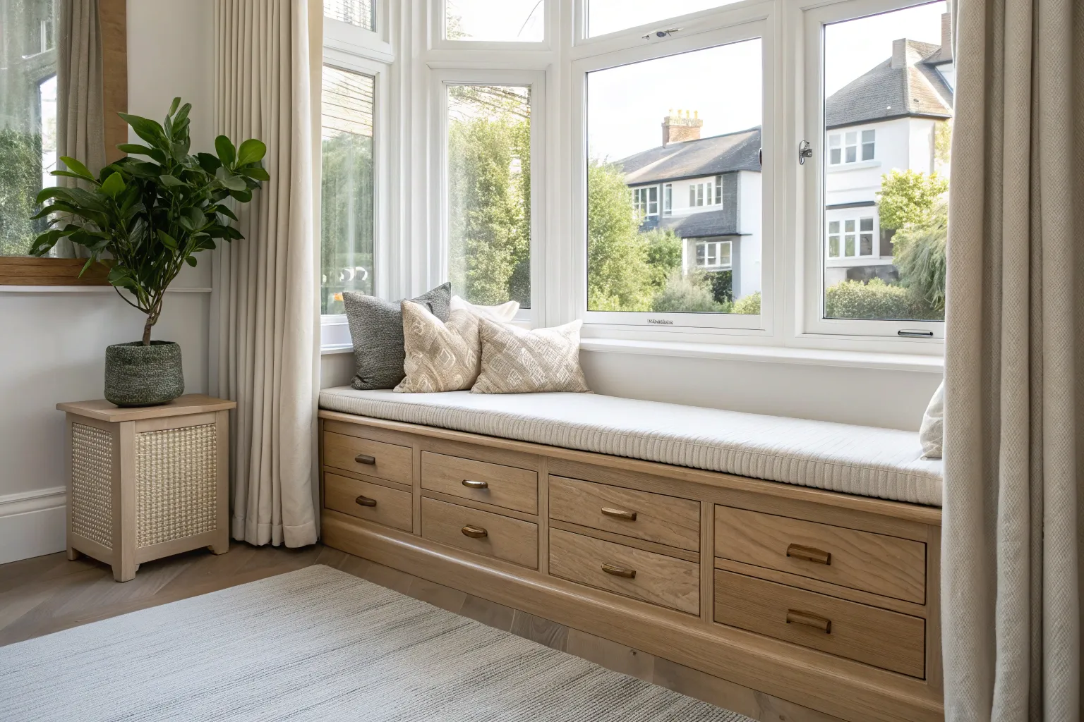 16+ Cozy Bay Window Bench Ideas in Warm Wood Tones