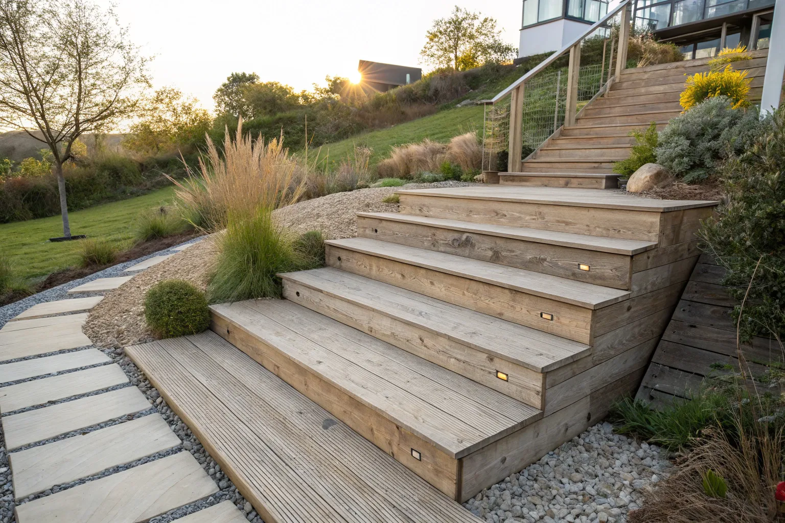 14+ Stylish Outdoor Stair Ideas for Warm Wood Curb Appeal