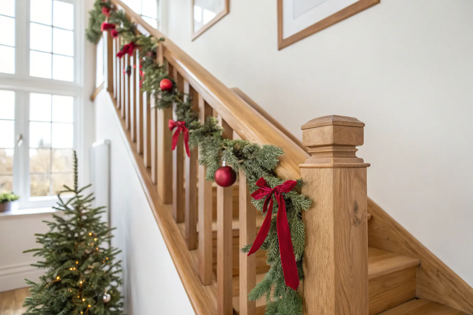 8+ Simple Christmas Banister Ideas with Warm Wood Accents