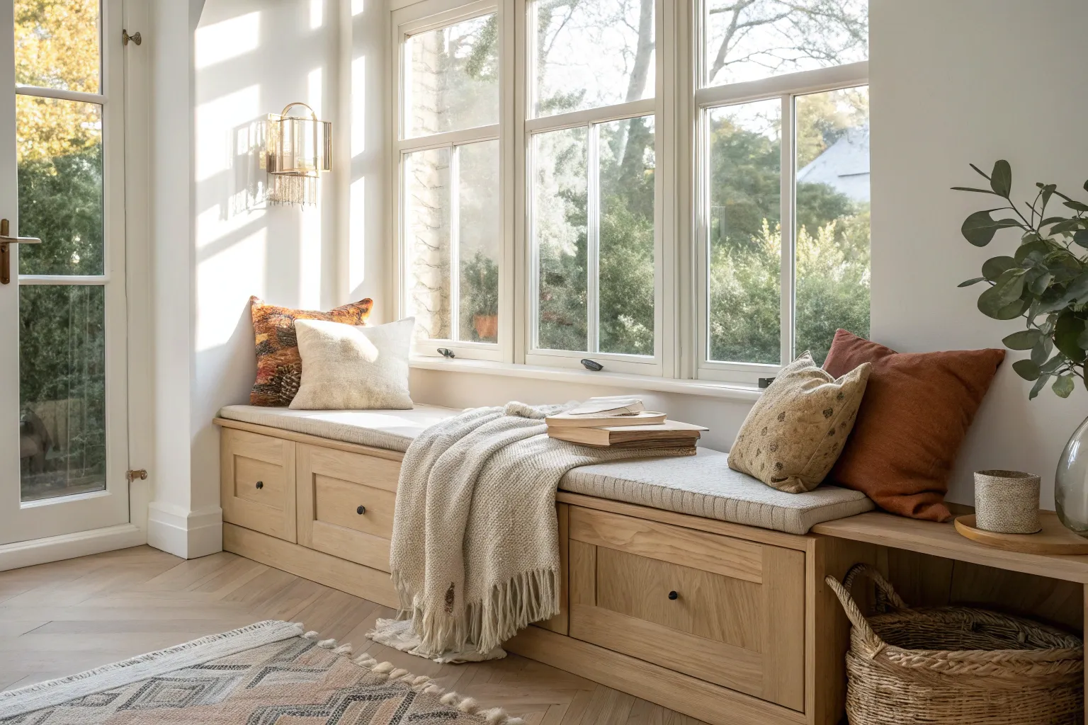 16+ Cozy Bay Window Seat Ideas in Warm Wood Tones