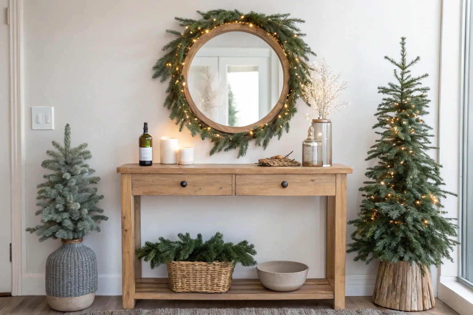 19+ Cozy Christmas Entry Table Decor Ideas with Wood Accents