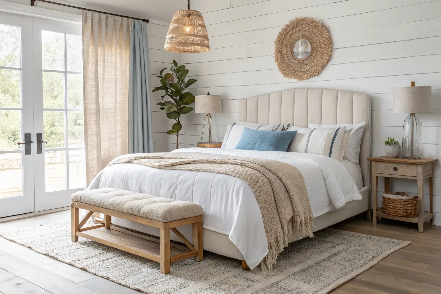 12+ Coastal Farmhouse Bedroom Ideas with Warm Wood Accents