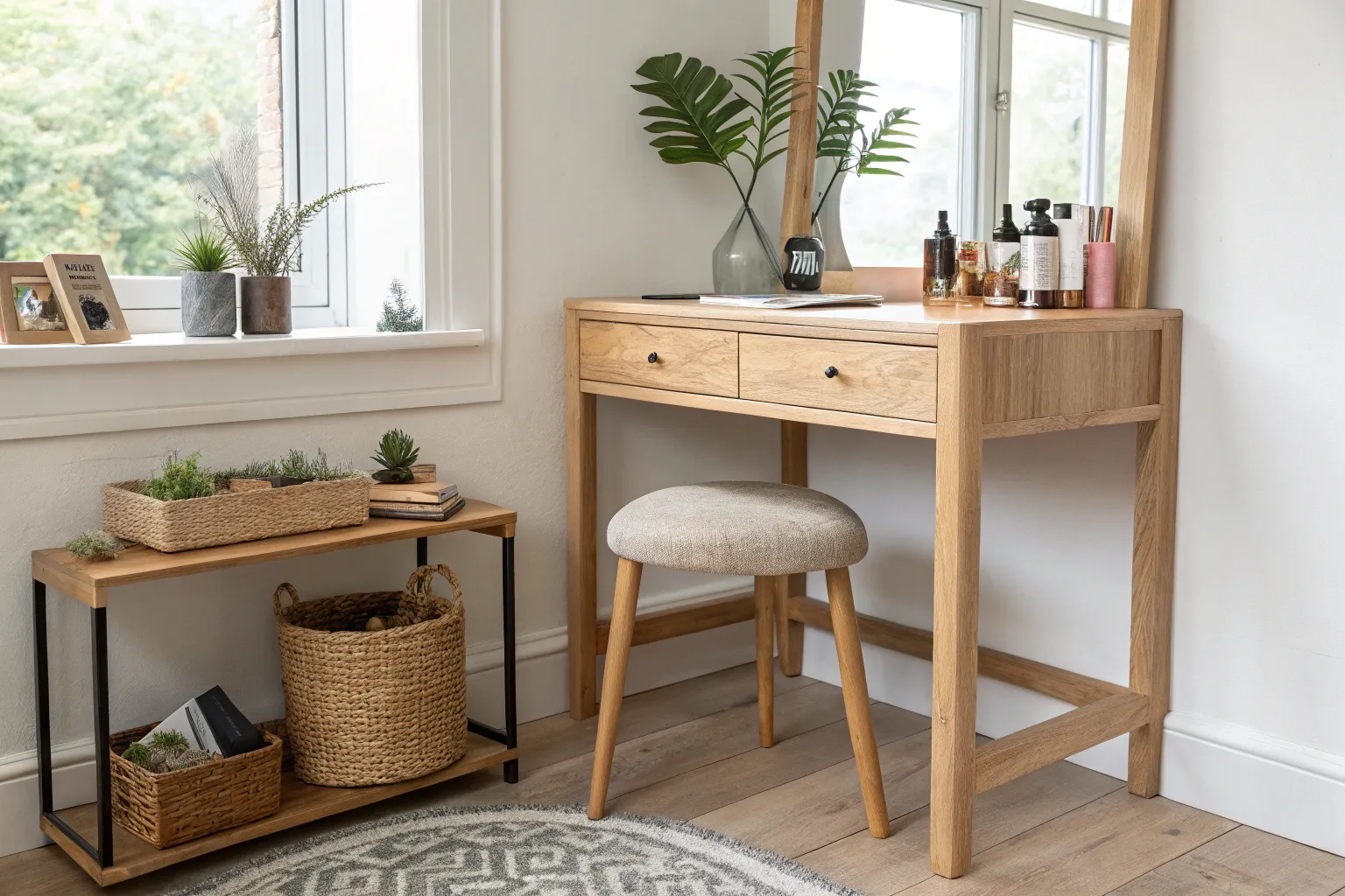 17+ Stylish Corner Makeup Vanity Ideas with Wood Details