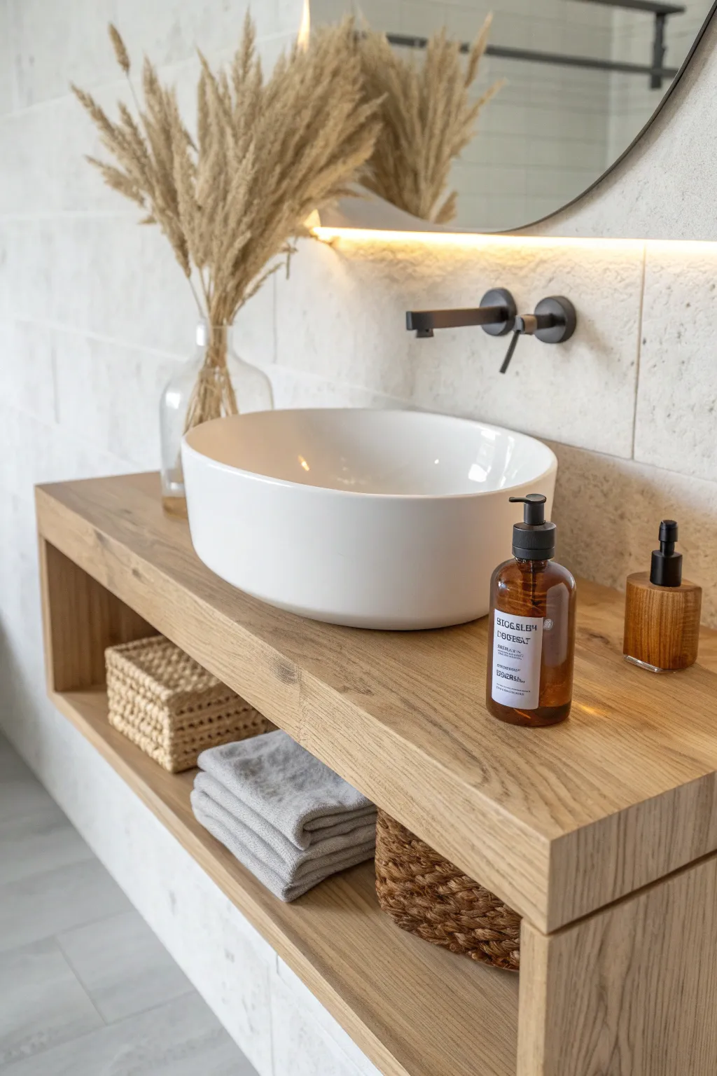 12+ Stylish Bathroom Sink Shelf Ideas in Warm Wood